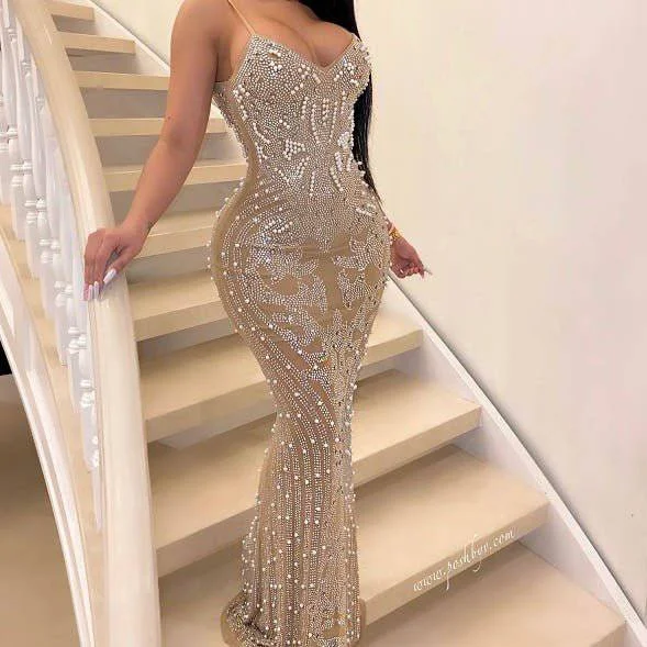 Cheyenne Spaghetti Strap Beaded Mesh Maxi Dress Elegant Maxi Dress with Ruffles