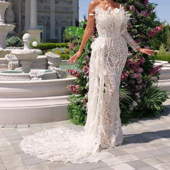 Claudia One-Sleeve Feather Pearl Lace Maxi Dress Stylish A-Line Maxi Dress