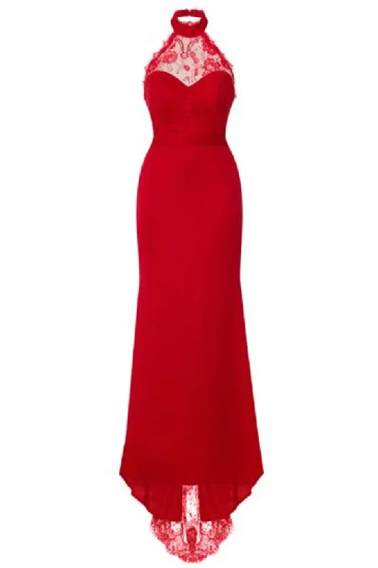 Cleo Luxe Berry Red Halterneck Diamante Lace Fishtail Maxi Dress Fashionable Sleeveless Maxi Dress