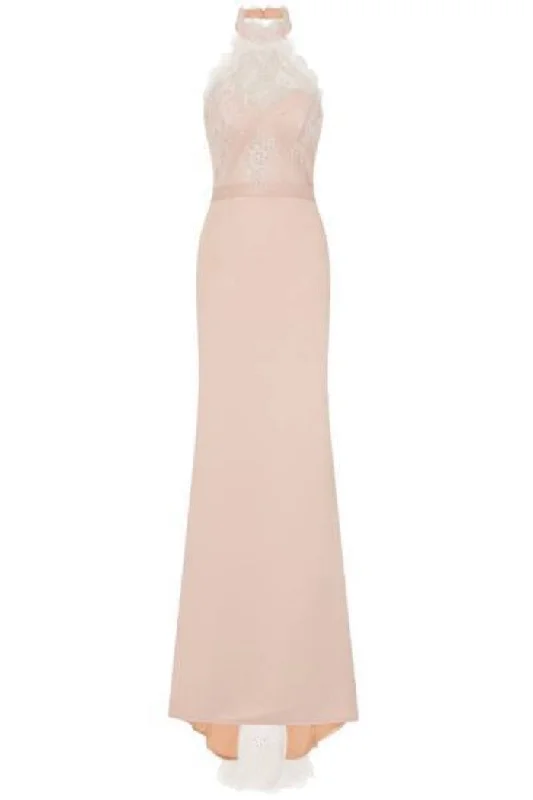 Cleo Luxe Nude Halterneck Diamante Lace Fishtail Maxi Dress Elegant Maxi Dress with Slit
