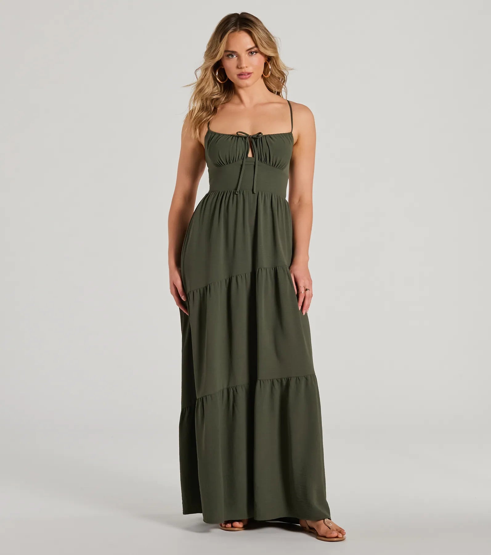 Coastal Dream Lace-Up Ruffled Maxi Dress Comfortable Fit-and-Flare Maxi Dress