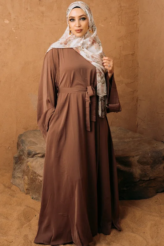 Coffee Kimono Sleeve Abaya Maxi Dress Elegant Lace-Up Maxi Dress