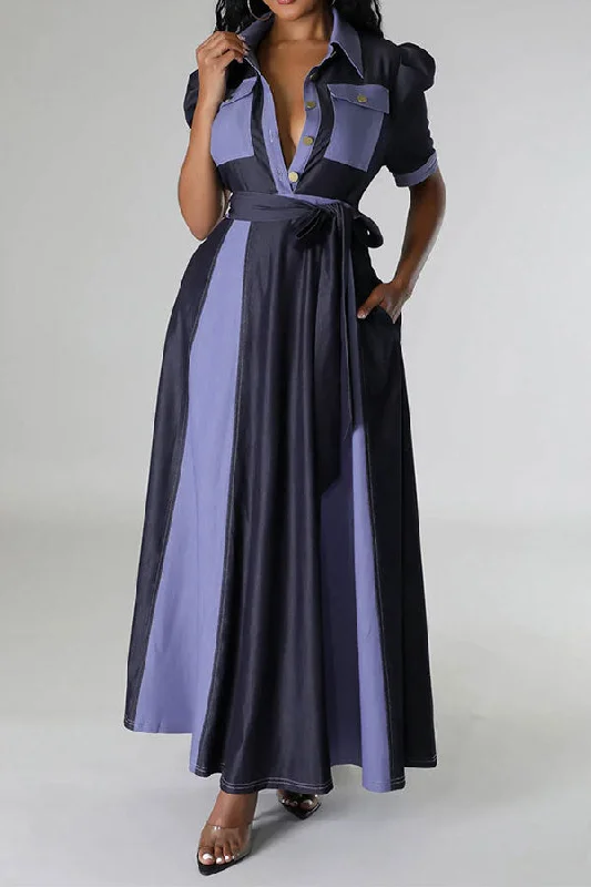 Color Block Patchwork Classic Belted Maxi Dress Stylish Off-Shoulder Maxi Dress