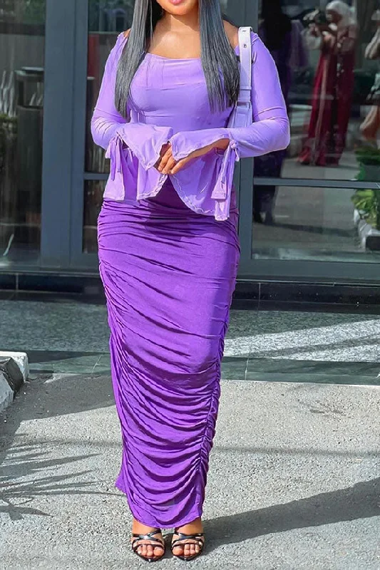 Color Block Trumpet Sleeve On-trend Ruched Maxi Dress Comfortable Ruffle Maxi Dress