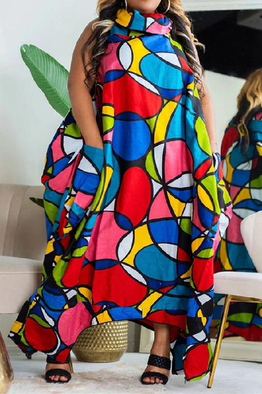 Colorful Graphic Print Urban Baggy Irregular Maxi Dress Cozy Cold-Shoulder Maxi Dress