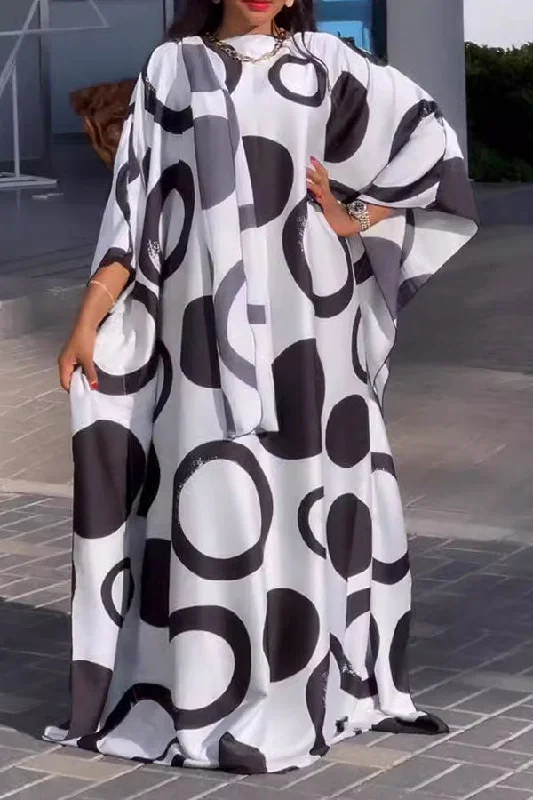 Contrasting Graphic Print Stylish Batwing Sleeve Maxi Dress Comfortable Satin Maxi Dress Contrasting Graphic Print Stylish Batwing Sleeve Maxi Dress Comfortable Satin Maxi Dress