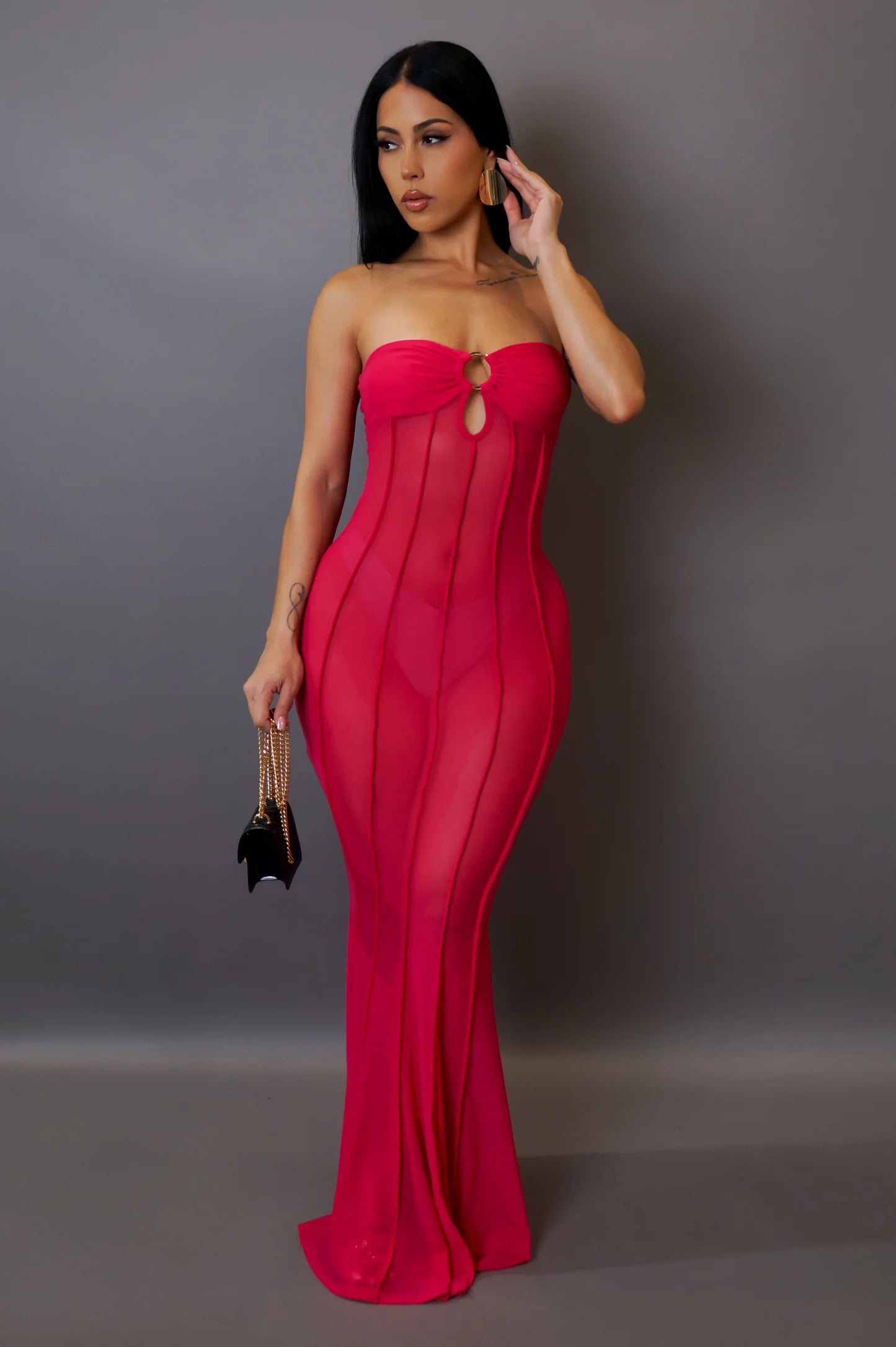 Cora Strapless Maxi Dress Fuchsia Elegant Maxi Dress with Lace