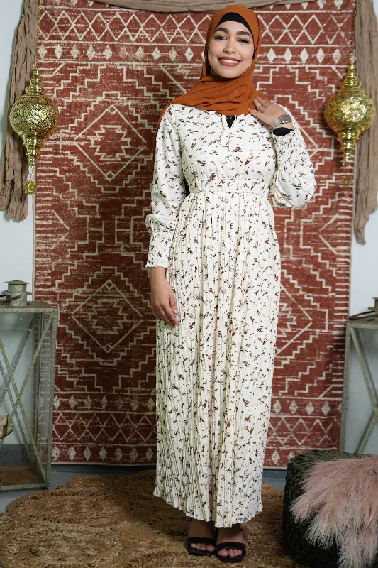 Cream Floral Pleated Ruffle Tie Collar Maxi Dress Fashionable Sleeveless Maxi Dress