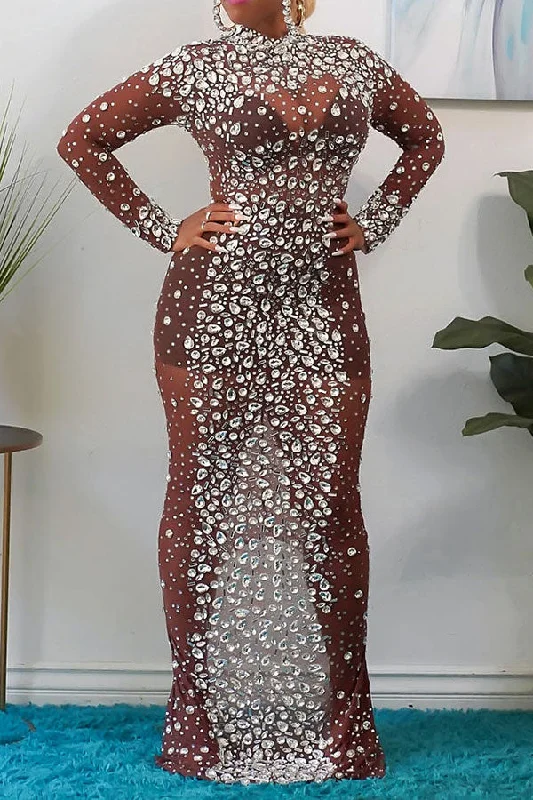 Crystal Glitter Sparkly See-Through Maxi Dress Elegant Velvet Maxi Dress