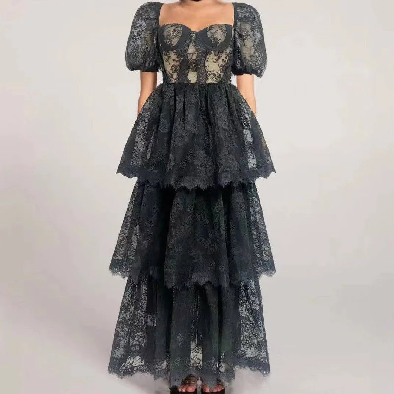 Delta Puff Sleeve Lacey Maxi Dress Comfortable Ruffle Hem Maxi Dress