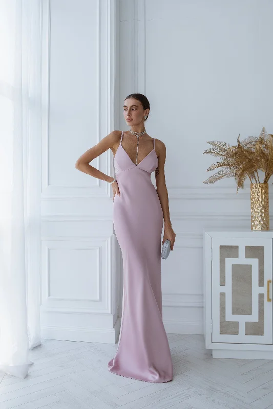 Dusty Pink Satin Slip Maxi Dress Chic Off-Shoulder Maxi Dress
