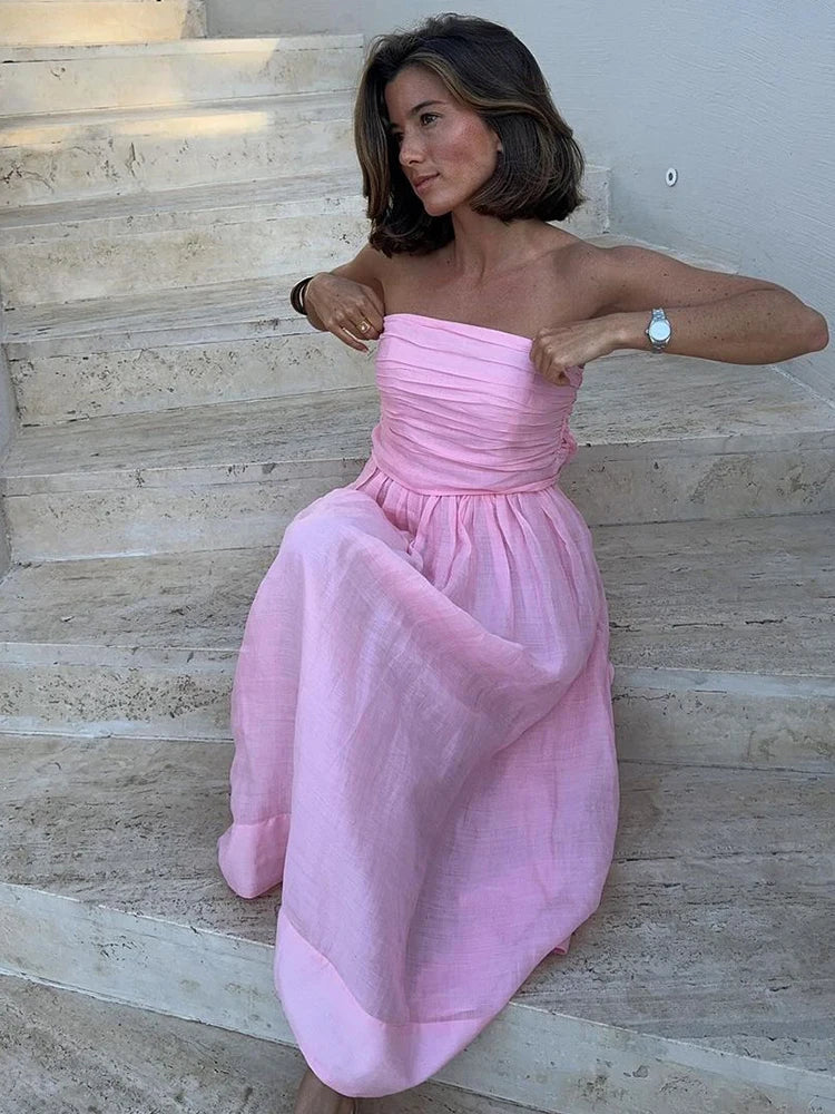 Elegant Pink Strapless Women Cotton Linen Maxi Dress Fashion Backless Sleeveless Pleated Dresses Sunner Lady Street Robes Stylish Maxi Dress with Pleats