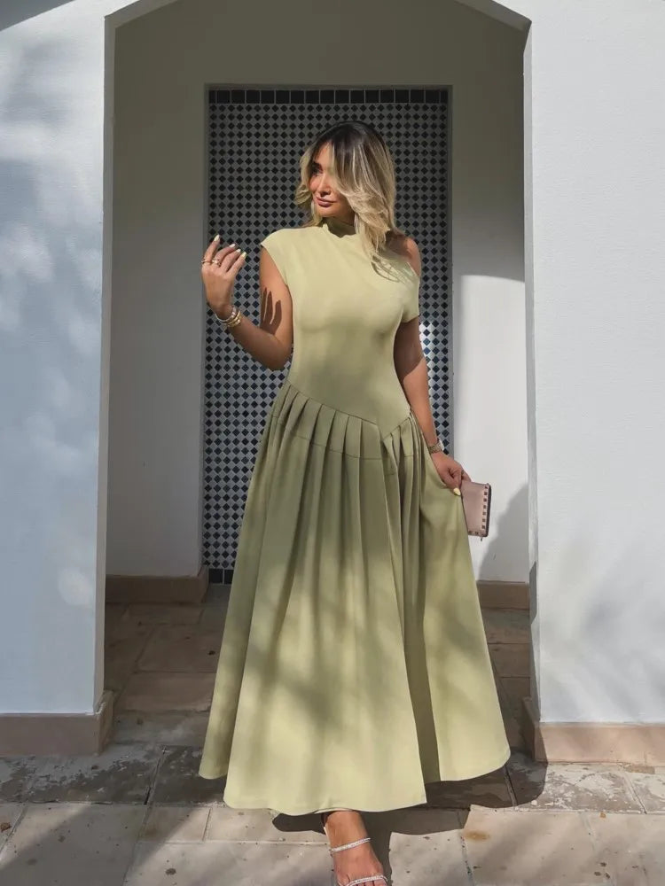 Elegant Solid Asymmetry Women Maxi Dress Fashion Stand Collar Short Sleeve Pleated A-line Dresses Lady Slim Commuting Robes Elegant Sleeveless Maxi Dress