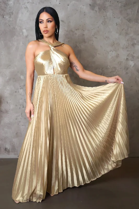 Ella Satin Pleated Maxi Dress Champagne Comfortable Casual Maxi Dress