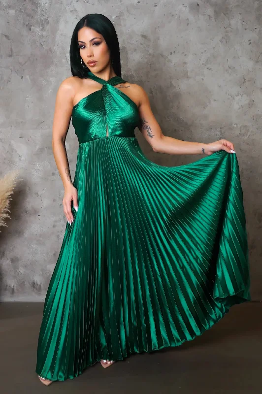 Ella Satin Pleated Maxi Dress Green Trendy Floral Print Maxi Dress