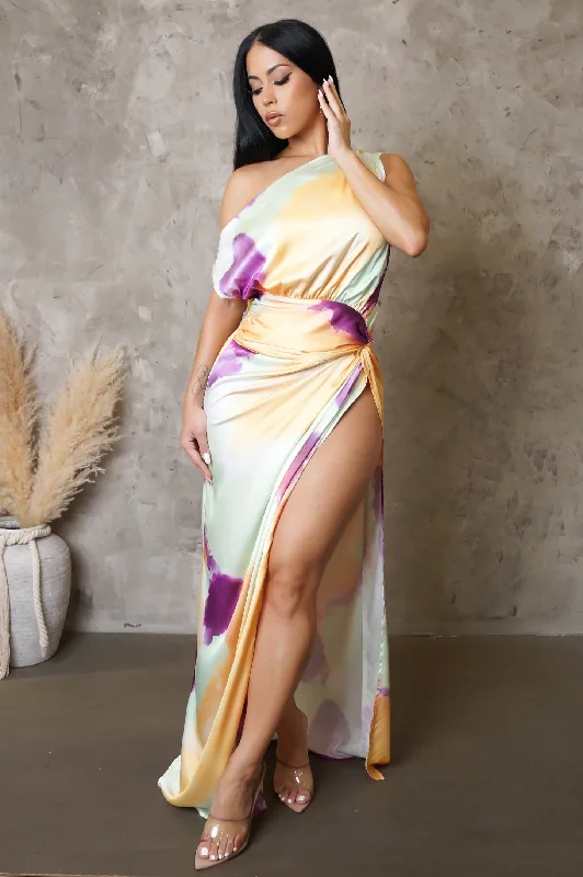 Elsinore Satin One Shoulder Maxi Dress Multicolor Cozy Longline Maxi Dress