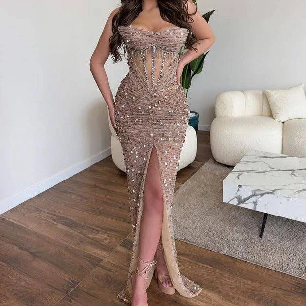 Emily Sweetheart Neck Side Slit Glitter Sequins Maxi Dress Fashionable Off-Shoulder Maxi Dress Emily Sweetheart Neck Side Slit Glitter Sequins Maxi Dress Fashionable Off-Shoulder Maxi Dress