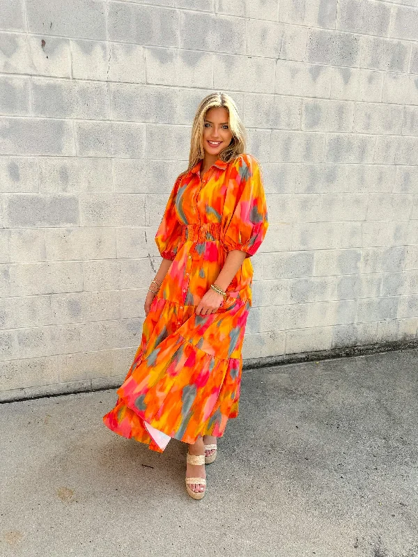 Fall Watercolors Button Up Maxi Dress Stylish Maxi Dress with Frills