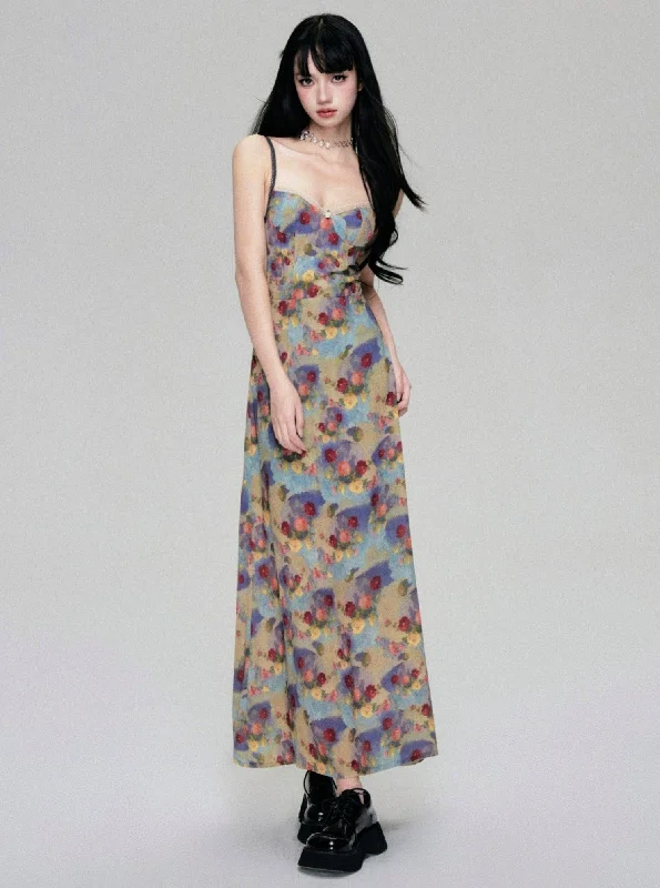 Floral Fantasy Bustier Maxi Dress Comfortable Satin Maxi Dress
