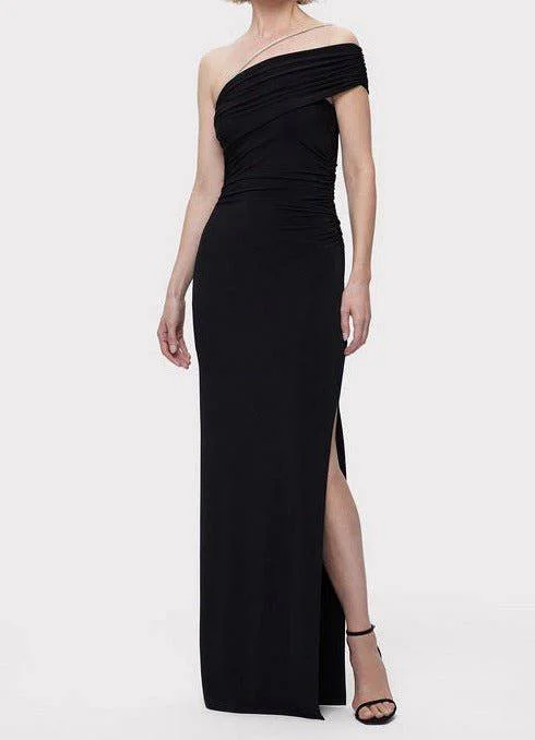 Freda Crystal Trim One-shoulder Slit Maxi Dress Elegant Maxi Dress with Belt