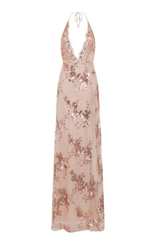 Gala Rose Gold Plunge Halterneck Floral Sequin Thigh Slit Maxi Dress Fashionable Sheer Maxi Dress