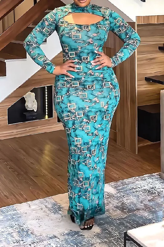 Geometric Print Cutout Urban Split Back Maxi Dress Casual Maxi Dress with Pockets