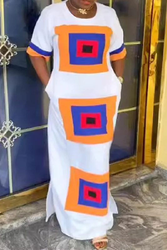 Geometric Print Round Neck Casual Side Slit Maxi Dress Elegant Maxi Dress with Pockets Geometric Print Round Neck Casual Side Slit Maxi Dress Elegant Maxi Dress with Pockets