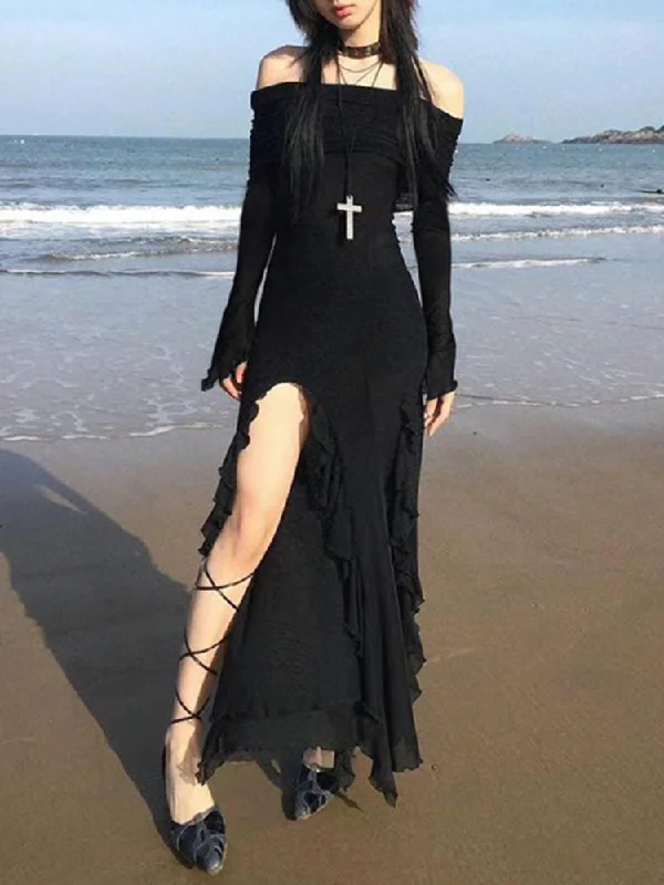 Gothic Black Side Split Maxi Dress Trendy V-Neck Maxi Dress