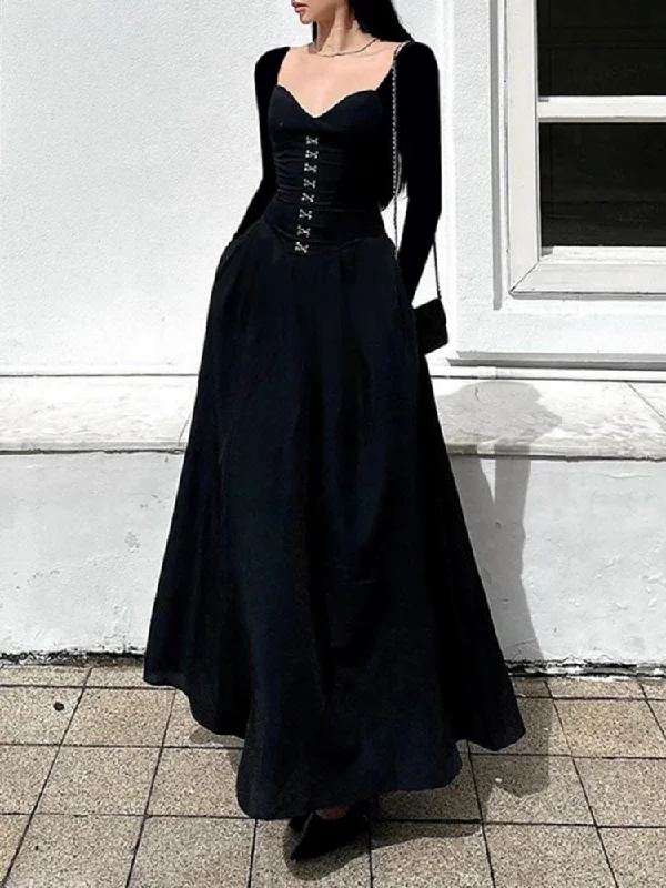 Gothic Square Neck Corset Maxi Dress Elegant Silk Maxi Dress