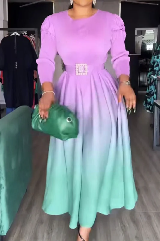 Gradient Round Neck Feminine Pleated Maxi Dress Elegant Silk Maxi Dress