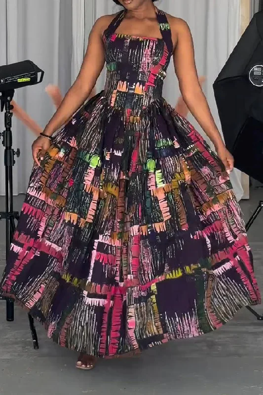 Graffiti Print Halter Collar Stylish Princess Maxi Dress Casual Maxi Dress with Pockets