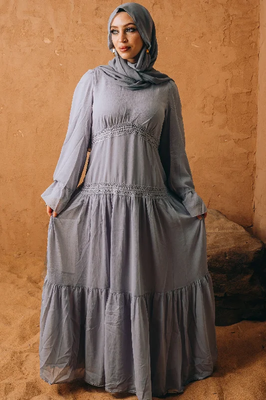 Gray Lace Empire Waist Tiered Maxi Dress Cozy Open-Back Maxi Dress