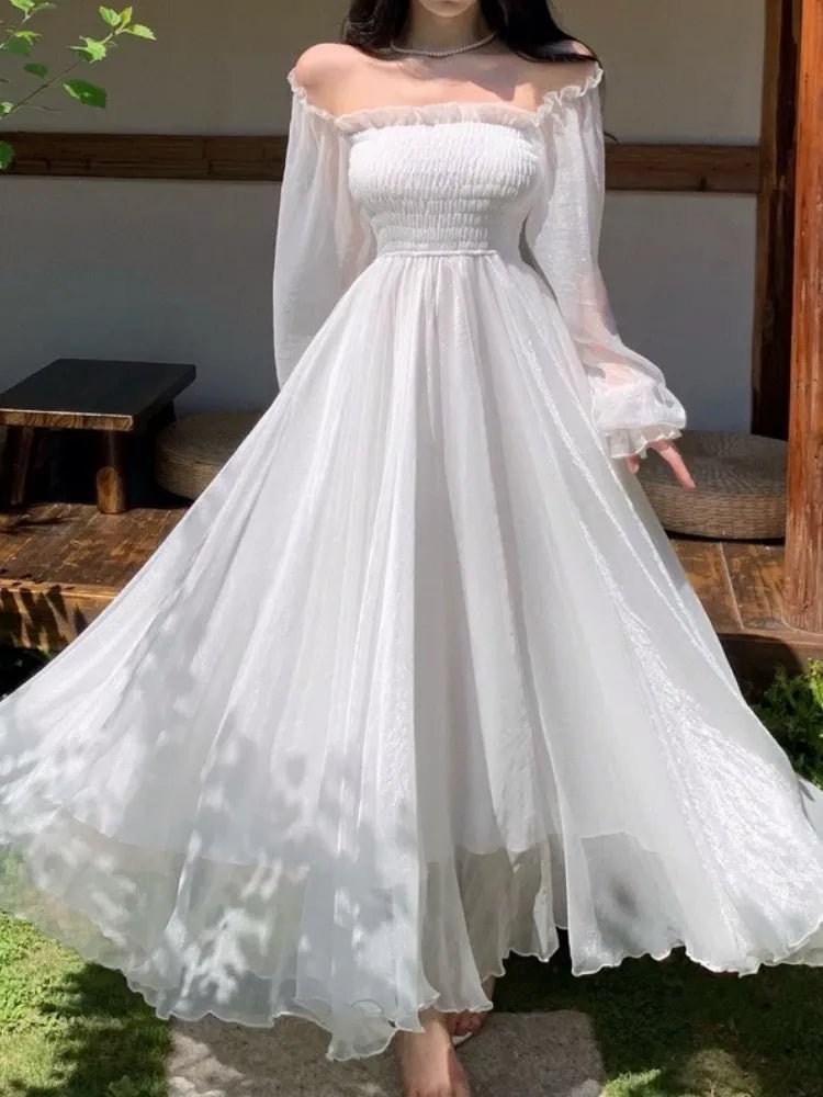 Horetong Elegant Maxi Dresses For Women White Off Shoulder Puff Long Sleeve Elastic High Waist Party Gown Ruffle Holiday Dress Classic A-Line Maxi Dress