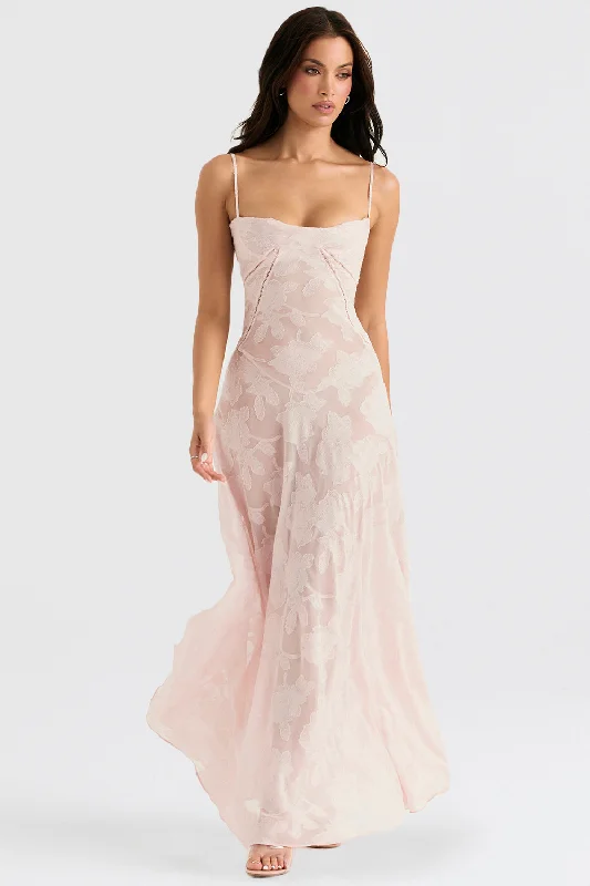 House of CB Seren Floral Lace Back Maxi Dress - Soft Pink Stylish A-Line Maxi Dress