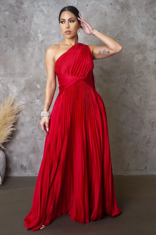 Jezebel Satin Pleated Maxi Dress Red Fashionable High-Waist Maxi Dress
