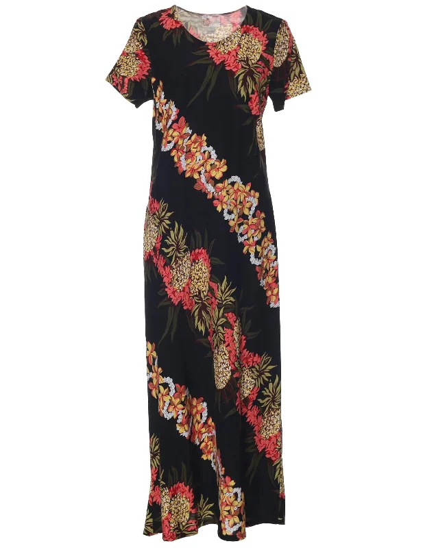 Kahili Panel Long Maxi Dress with Sleeves Trendy Floral Print Maxi Dress