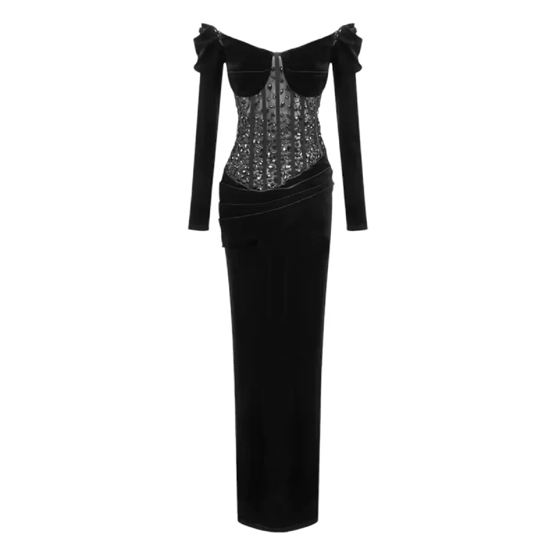 KARA Black Beaded  Off Shoulder Maxi Dress Classic Solid Maxi Dress