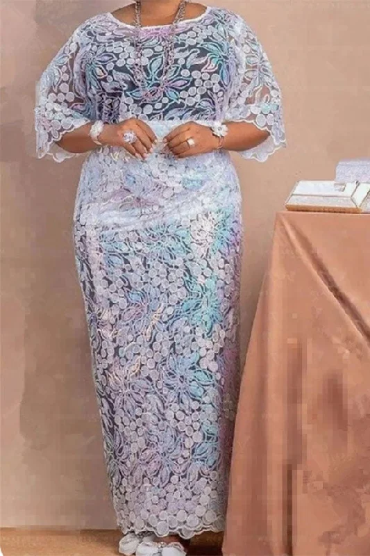 Lace Floral Embroidery Stylish Lace-Up Maxi Dress Elegant Pleated Maxi Dress
