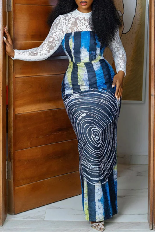 Lace Patchwork Abstract Print Smart Maxi Dress Trendy Fit-and-Flare Maxi Dress