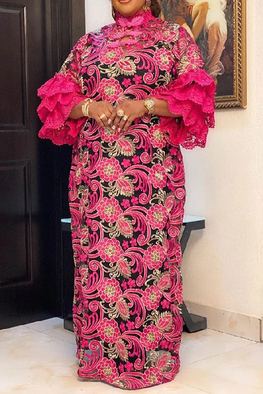 Lace Patchwork Oriental Floral Embroidery Maxi Dress Elegant Boho Maxi Dress
