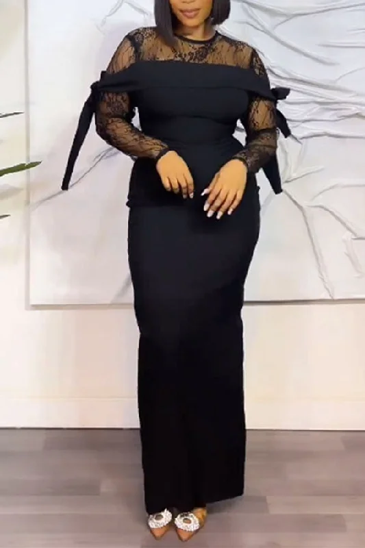 Lace Patchwork Unusual Lace-Up Maxi Dress Comfortable Maxi Dress with Sleeves