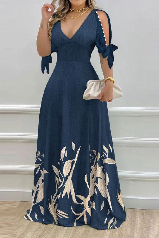 Leaf Print Elegant Beaded Decor Maxi Dress Trendy Maxi Dress with Straps