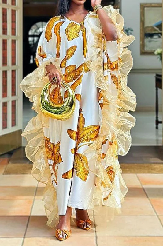 Leaf Print Stunning Tulle Ruffles Patchwork Maxi Dress Elegant Lace Maxi Dress