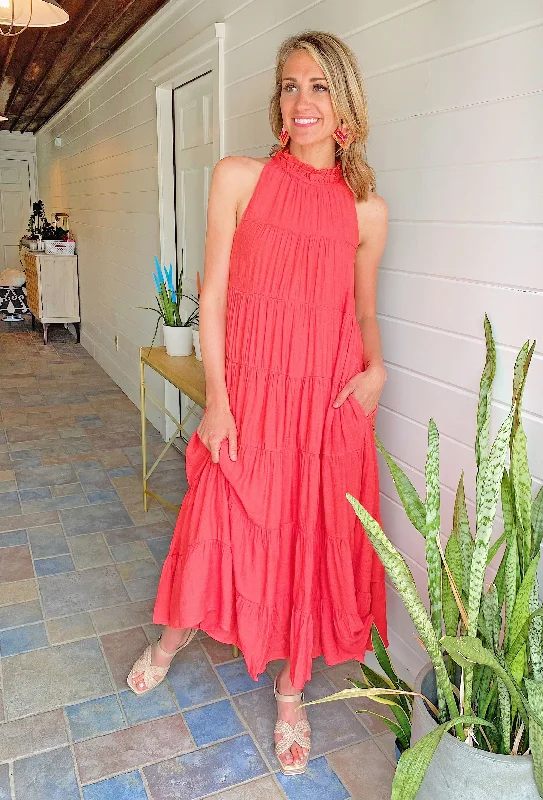 Lisbeth Coral Tiered Maxi Dress Stylish Maxi Dress with Frills