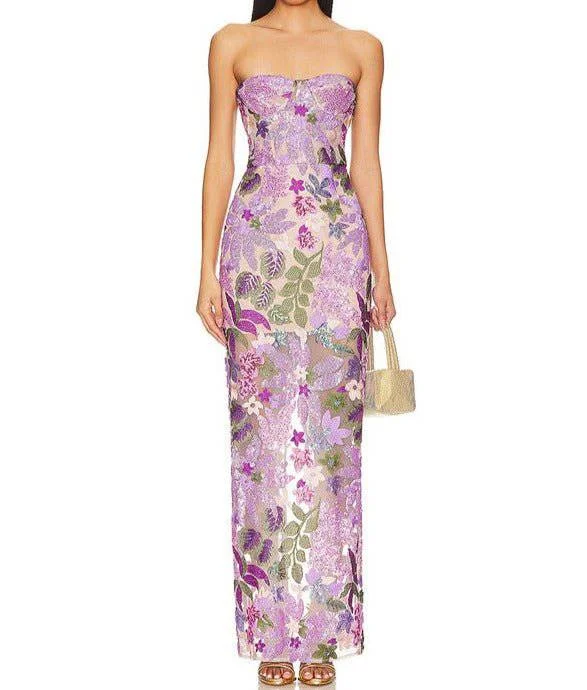 Lucyle Bandeau Floral Sequined Maxi Dress Cozy Maxi Dress with Slit