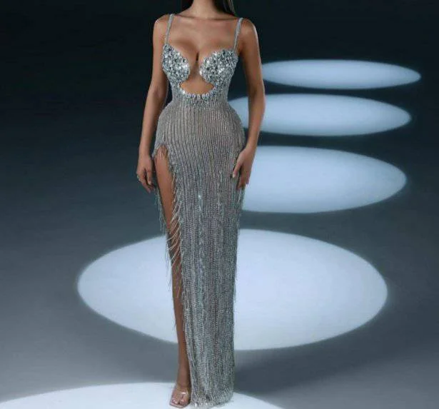 Mary Rhinestone High Slit Cut Out Maxi Dress Stylish Boho Maxi Dress