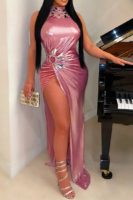 Metallic Bright Rhinestone Decor High Split Maxi Dress Stylish Maxi Dress with Frills Metallic Bright Rhinestone Decor High Split Maxi Dress Stylish Maxi Dress with Frills