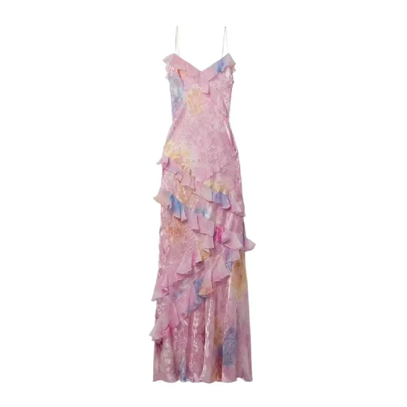 Mia Floral Chiffon Ruffle Maxi Dress Chic Boho Print Maxi Dress