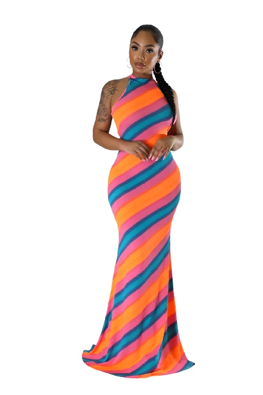 Mock Neck Multicolor Maxi Dress Chic Summer Maxi Dress