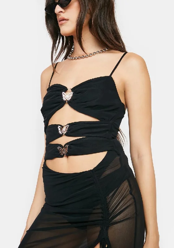 Moth Allure Mesh Maxi Dress Fashionable Faux Wrap Maxi Dress